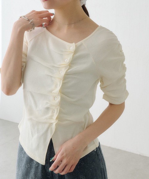 tシャツ ギャザーテレコ半袖カーディガン レディースの画像