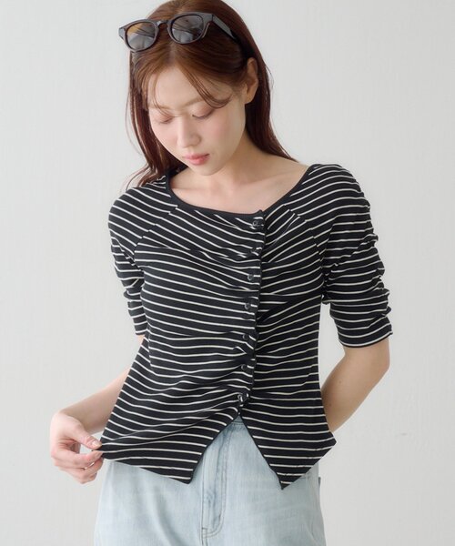 tシャツ ギャザーテレコ半袖カーディガン レディースの画像