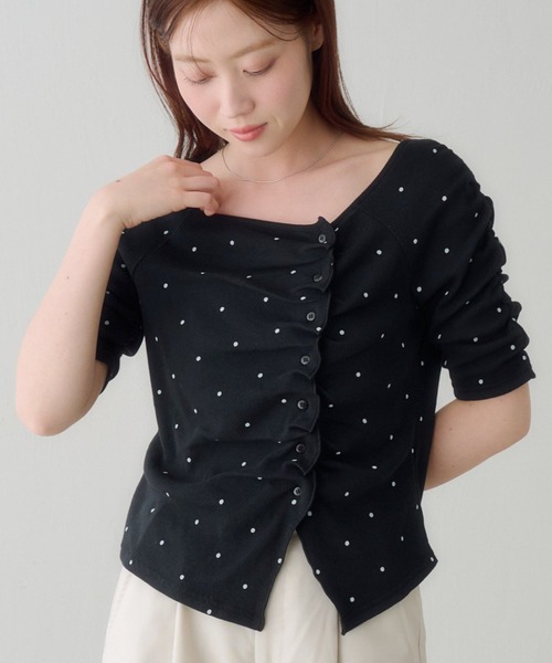 tシャツ ギャザーテレコ半袖カーディガン レディースの画像