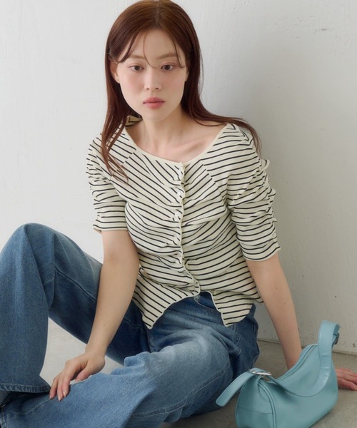 tシャツ ギャザーテレコ半袖カーディガン レディースの画像