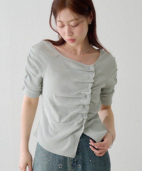 tシャツ ギャザーテレコ半袖カーディガン レディースの画像