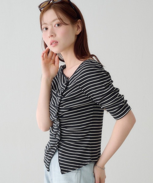 tシャツ ギャザーテレコ半袖カーディガン レディースの画像