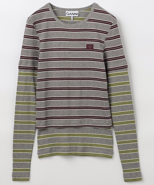 GANNI（ガニー） tシャツ Soft Cotton Rib Long Sleeve Double Stripe