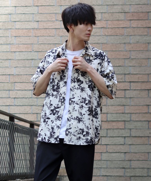 メンズ 半袖シャツ 花柄シャツ オーバーサイズシャツ N00409 ワンフォークロージング 1111clothing シルキーシャツ メンズ