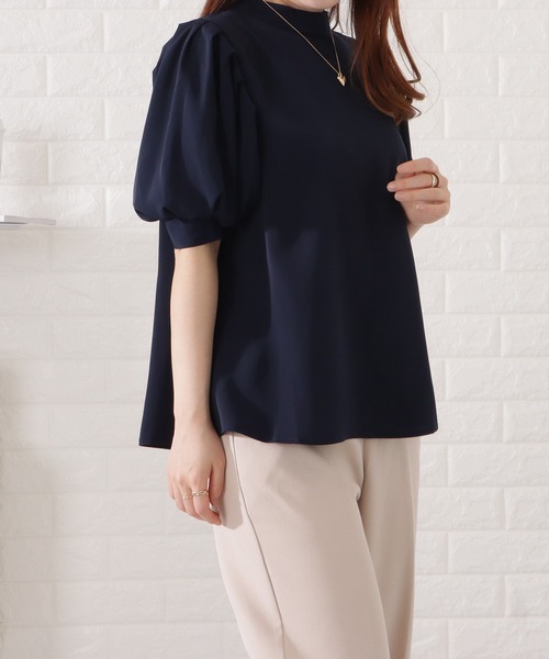 Rene フリルネイビー半袖ブラウス Lace Ladies ブラウス シャツ プチハイネックバルーンスリーブ