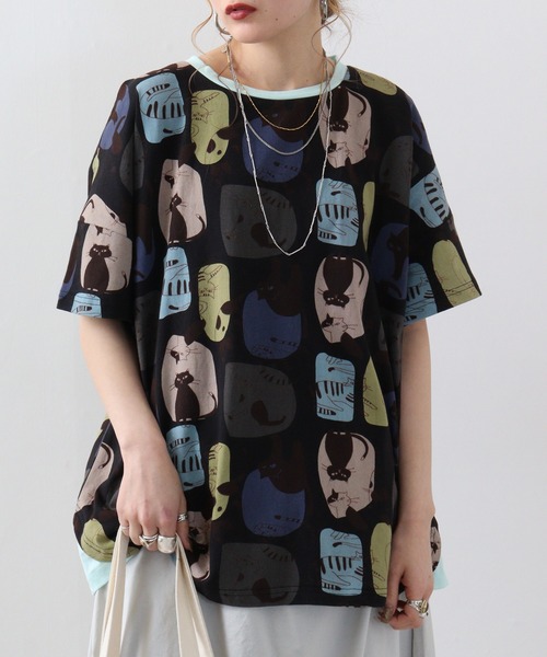 tシャツ EMAGO ゆるネコ総柄Tシャツ レディース