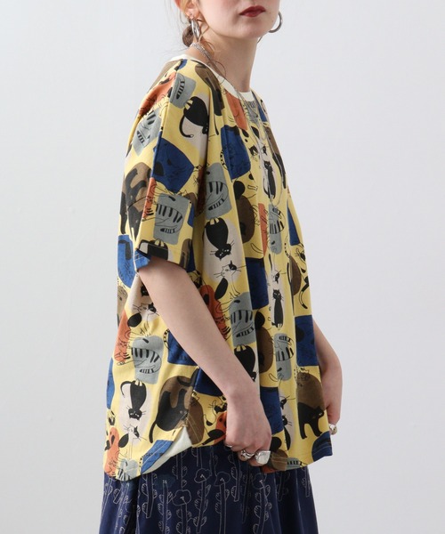 tシャツ EMAGO ゆるネコ総柄Tシャツ レディース 自然と目が合う。猫タコ柄シャツ 柄シャツ メンズ レディース