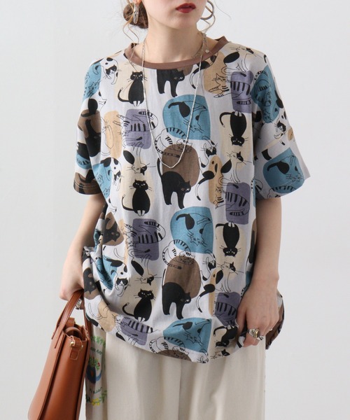 tシャツ EMAGO ゆるネコ総柄Tシャツ レディース Emago tシャツ EMAGO ゆるネコ総柄Tシャツ レディース
