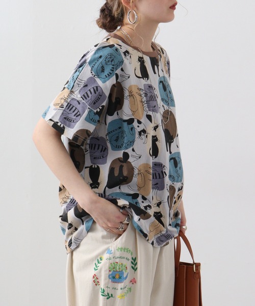 Emago tシャツ EMAGO ゆるネコ総柄Tシャツ レディース