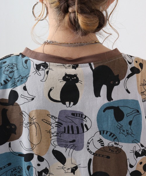 tシャツ EMAGO ゆるネコ総柄Tシャツ レディース 自然と目が合う。猫タコ柄シャツ 柄シャツ メンズ レディース