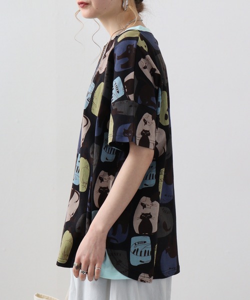 tシャツ EMAGO ゆるネコ総柄Tシャツ レディース Emago tシャツ EMAGO ゆるネコ総柄Tシャツ レディース