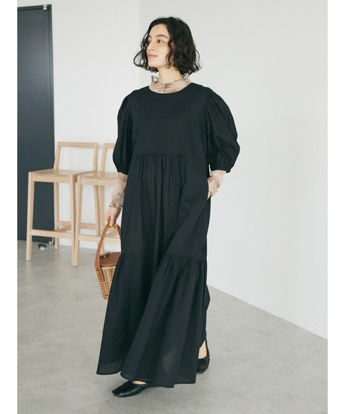 ワンピース インド綿パフスリーブギャザーワンピース レディース  