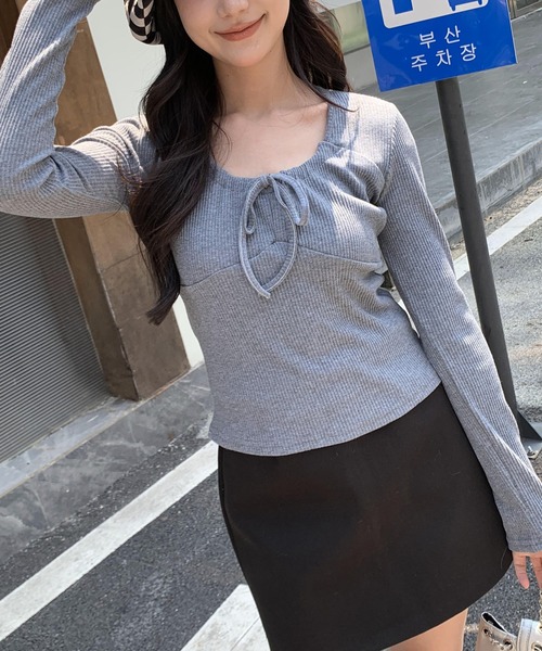 ARCADE tシャツ 春服 フロントシャーリング リボン スクエア