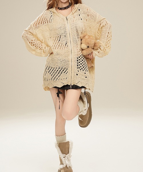 パーカー 「HOOK」for　girls　無地透かし編みニットジップパーカー レディース パーカー 「HOOK」for girls 無地透かし編みニットジップ