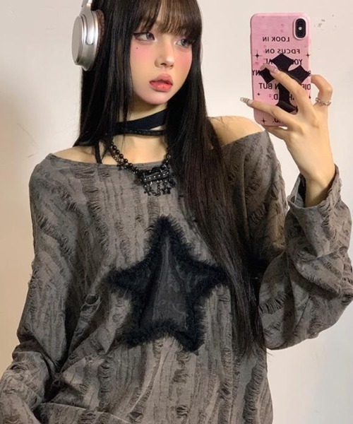 DEVICE tシャツ 薄手 ダメージ スター ルーズ トップス ギャザー