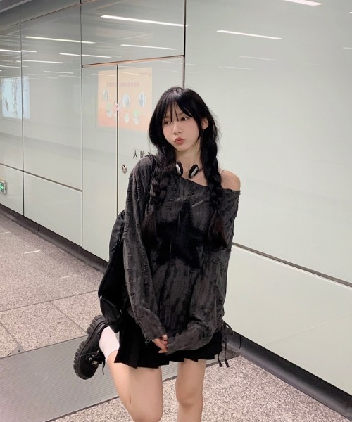 ビジュー ルーズ Tシャツ 2色 モノトーン トップス 韓国 nr9657 DEVICE tシャツ 薄手 ダメージ スター ルーズ トップス ギャザー