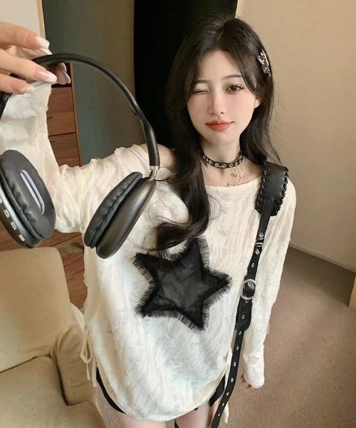 DEVICE tシャツ 薄手 ダメージ スター ルーズ トップス ギャザー
