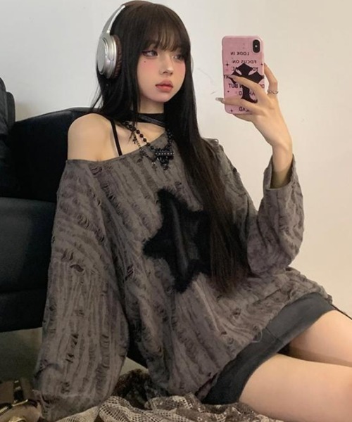 DEVICE tシャツ 薄手 ダメージ スター ルーズ トップス ギャザー