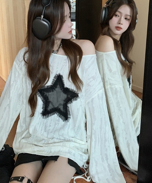 DEVICE tシャツ 薄手 ダメージ スター ルーズ トップス ギャザー