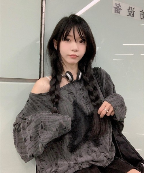 00s y2k ヘンリーネック ダメージ ロンT 長袖 Tシャツ グランジ ボロ