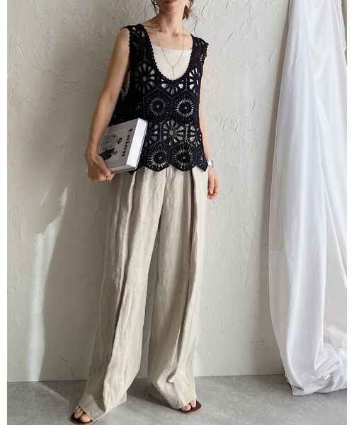 She's Closet ベスト ジレ 綿100%ミドル丈深Vネック かぎ編み ビスチェ