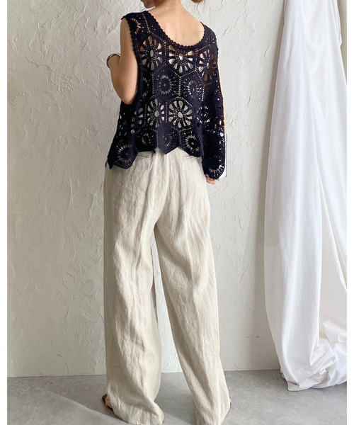 She's Closet ベスト ジレ 綿100%ミドル丈深Vネック かぎ編み ビスチェ
