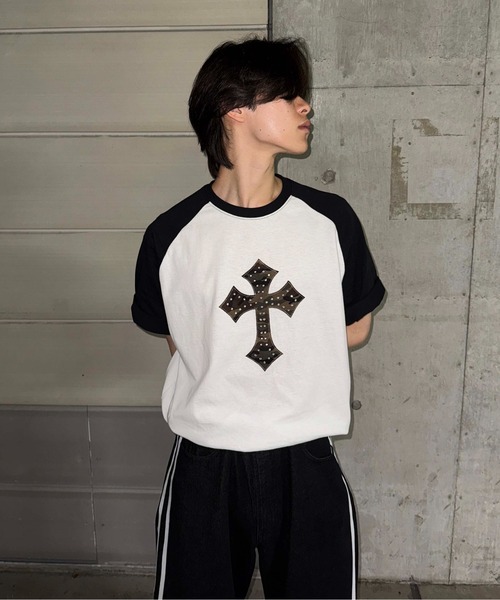 tシャツ ラインストーン柄クロスアップリケTシャツ レディース メンズ