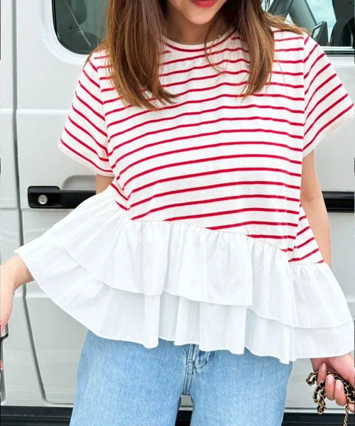 tシャツ アシンメトリーボーダーフリルTシャツ レディース