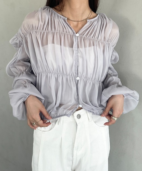 tシャツ フリルシャーリングシフォンショートブラウス レディース