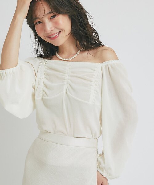 tシャツ 「KAZUMI監修カラーあり」フロッキーチュールギャザースリーブカットソー レディース