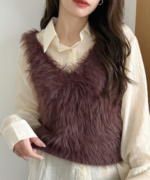 Ada. ベスト ジレ ふわもこ シャギー ファー ベスト レディース
