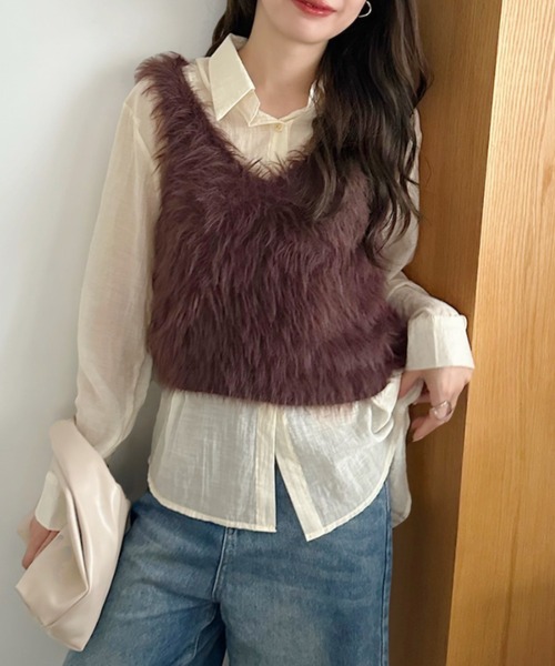 Ada. ベスト ジレ ふわもこ シャギー ファー ベスト レディース