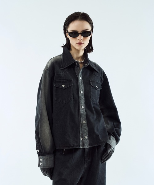 美品▲センソユニコ デニムジャケット 芽風 グラデーション 黒 38(M) 希少 デニムジャケット gジャン Gradation denim shirt jacket