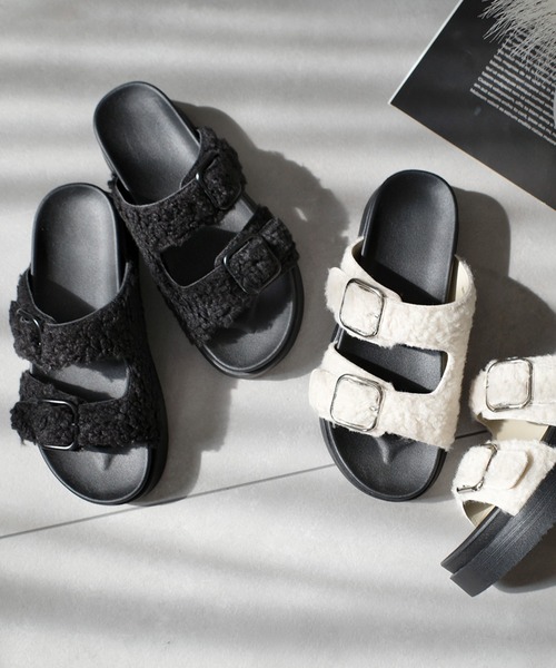 AmiAmi サンダル もこもこボアサンダル/ダブルベルト厚底コンフォート
