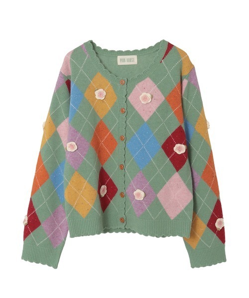 PINK HOUSE / アーガイル柄カーディガン(厚手)/--/ウール/BLK/総柄/A2133KCD314 PINK HOUSE（ピンクハウス） カーディガン モチーフ付きアーガイル