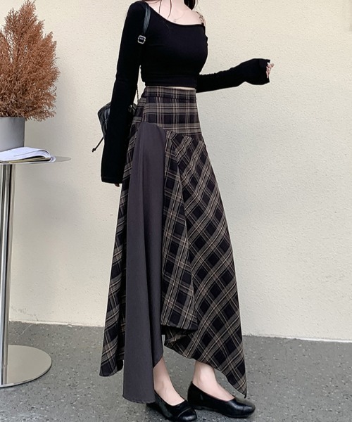 Diosfront スカート アシメ異素材切替チェックスカート : ZOZOTOWN