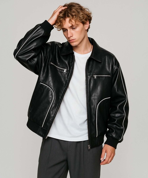 MONOCHROME ブルゾン アウター パイピングラグランレザージャケット