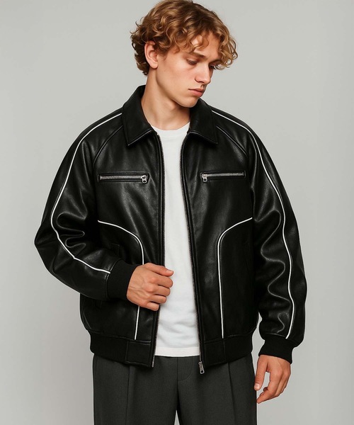 MONOCHROME ブルゾン アウター パイピングラグランレザージャケット