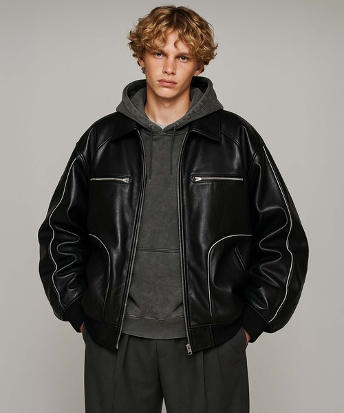 MONOCHROME ブルゾン アウター パイピングラグランレザージャケット