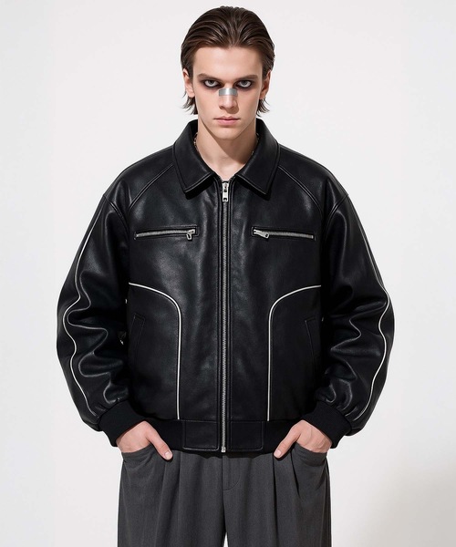 MONOCHROME ブルゾン アウター パイピングラグランレザージャケット