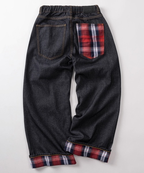 ジーンズ 「72」「PLES」チェック柄/カモフラ柄 部分使い ワイド