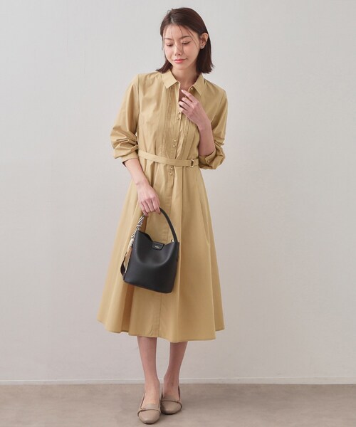 AKRIS リネン混 ロング シャツワンピース IT42 ベルト付き マキシ丈 index（インデックス） ワンピース ベルト付きタックシャツワンピース