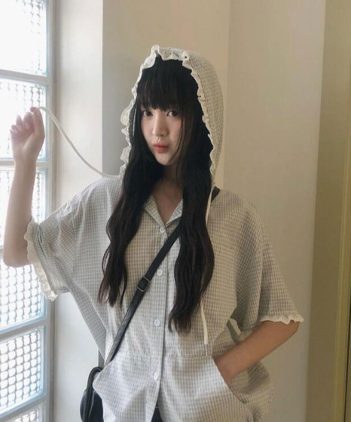 Aelina ブラウス シャツ 半袖 チェック柄フード付きドローストリング 