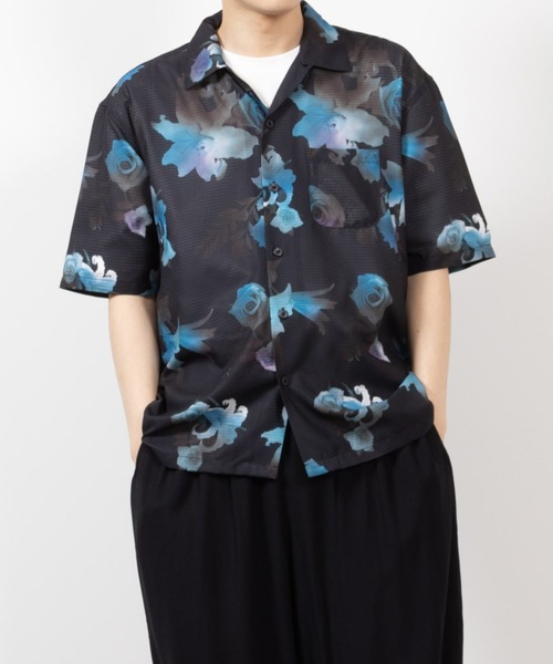 NAVY シャツ 半袖 NAVYメッシュプリント総柄シャツ/接触冷感
