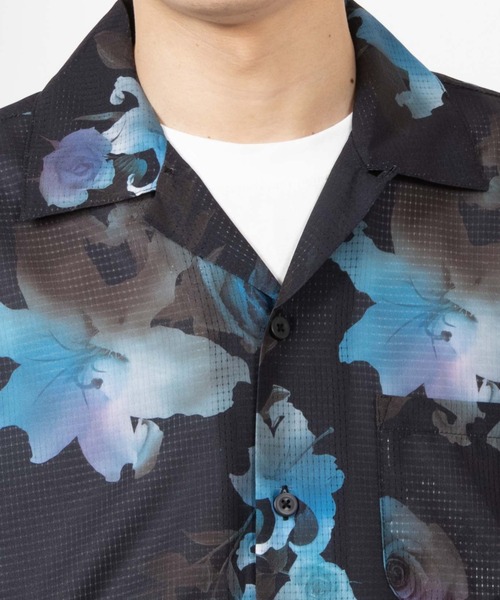 NAVY シャツ NAVYメッシュプリント総柄シャツ/接触冷感/ストレッチ