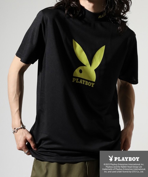 【人気コラボ】HYS×PLAY BOY 半袖プリントTee XL PLAYBOY（プレイボーイ） tシャツ プリントハイネック 半袖Tシャツ