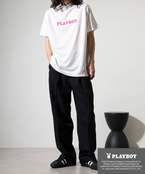 【人気コラボ】HYS×PLAY BOY 半袖プリントTee XL PLAYBOY（プレイボーイ） tシャツ プリントハイネック 半袖Tシャツ