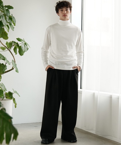 長袖Tシャツ メンズ ハーフタートルネック リボン装飾 ２色 ハイネック メンズ 綿100% タートルネック tシャツ ロンt セット