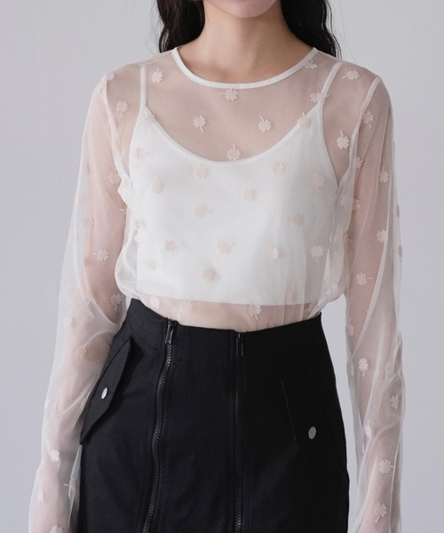 tシャツ クローバー シースルー トップス シアー カットソー ヘルシー バックオープン 肌見せ 総柄 シースルートップス シアートップス レディース