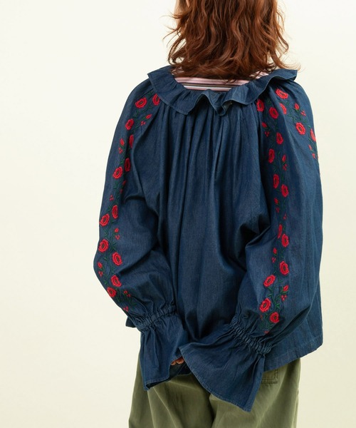ブラウス シャツ 袖刺繍ギャザーブラウス レディース